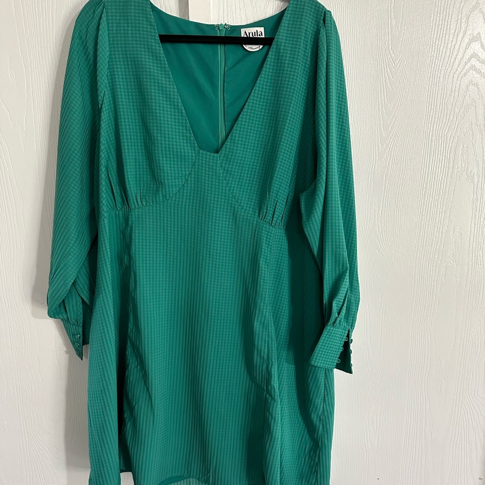 Arula emerald green mini dress gingham print button up sleeve size A